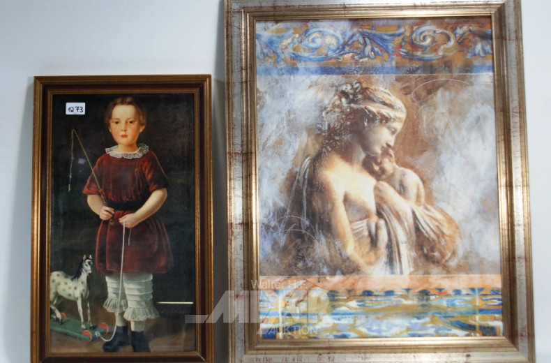 4 Drucke, teils hinter Glas, im Holzrahmen