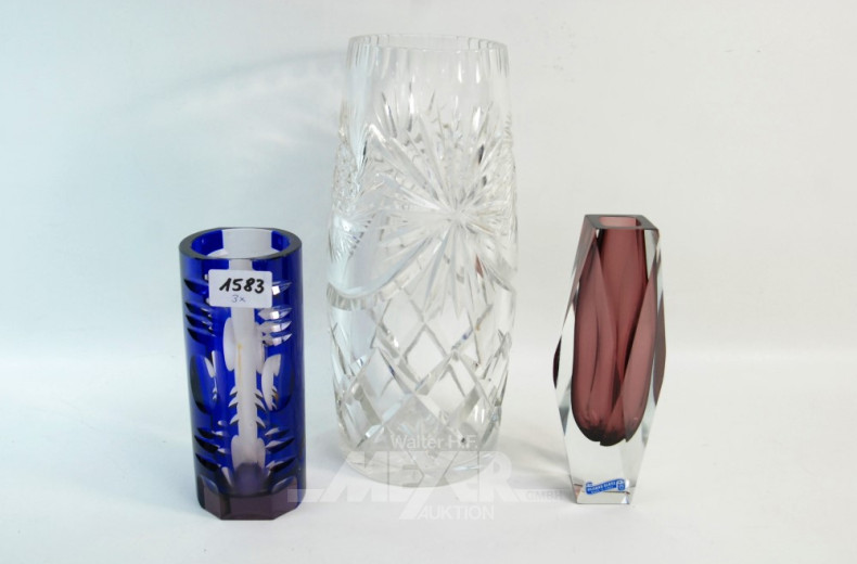 3 versch. Kristall-Vasen