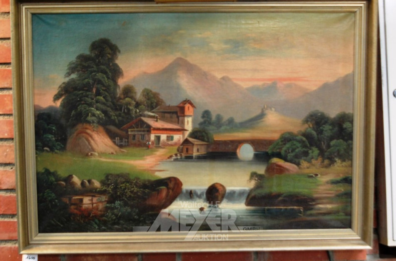 Gemälde ''Almhütte mit Wasserfall''