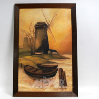 Gemälde ''Windmühle mit Booten''