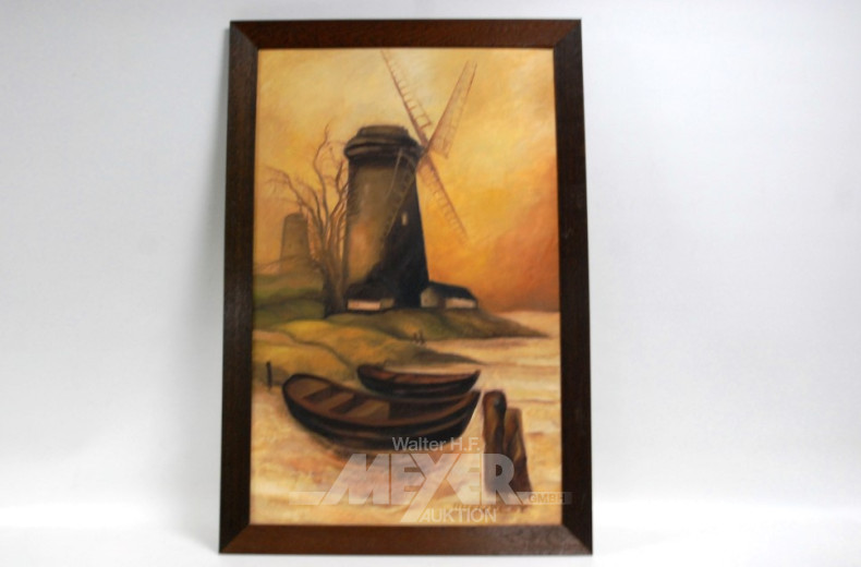 Gemälde ''Windmühle mit Booten''
