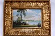 Gemälde ''Haus am See mit Booten''