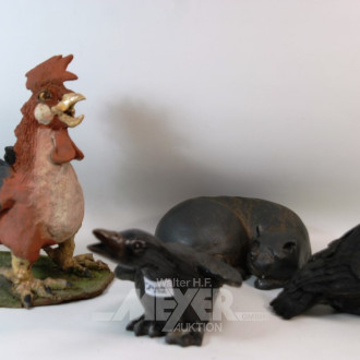4 Ton-/Keramikfiguren: Hahn, Katze, Enten,