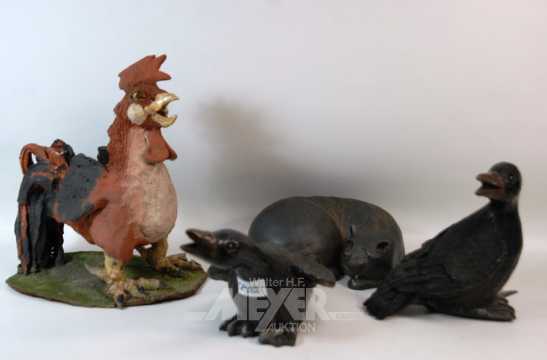 4 Ton-/Keramikfiguren: Hahn, Katze, Enten,