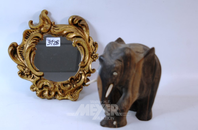 kl. Elefant, Holz u. 1 kl. Wandspiegel,