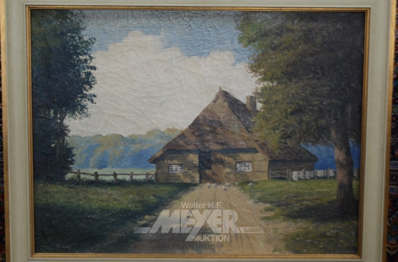 Gemälde ''Reetdachkate mit Bäumen''