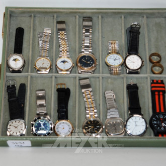 13 Herren- Armbanduhren und 2 Metallringe