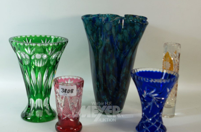 5 farb. Kristall-Vasen
