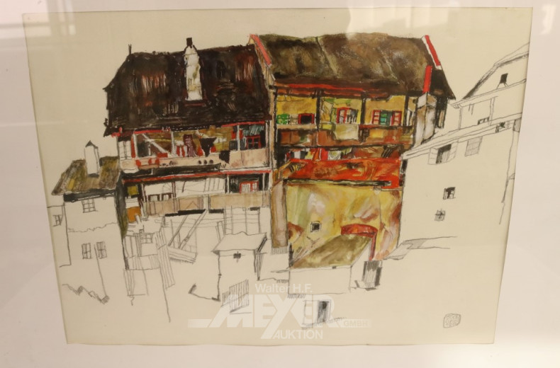 Aquarell ''Alte Häuser in Krumau''