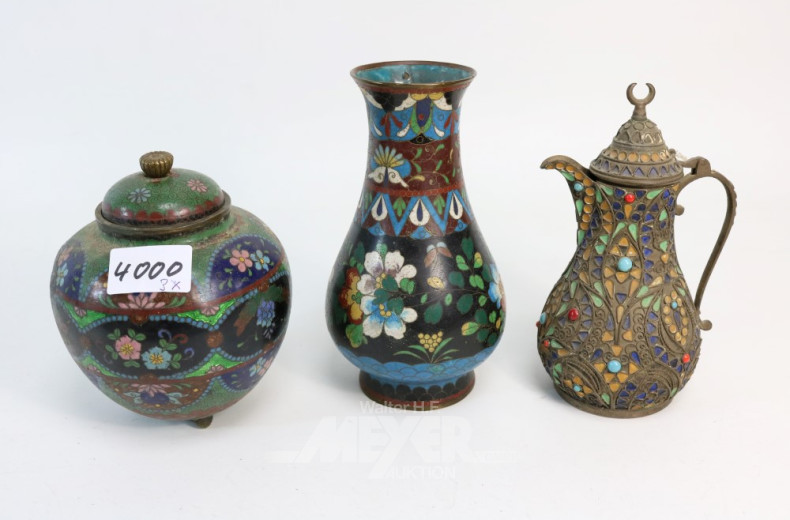 3 Teile Cloisonné: Kanne, Deckeldose, Vase