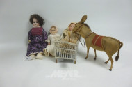 3 div. Puppen und 1 Esel-Figur