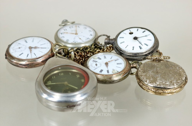 6 Taschenuhren, 1 Taschenuhrenkette