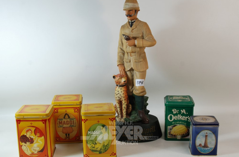 gr. Werbefigur sowie 5 Blechdosen