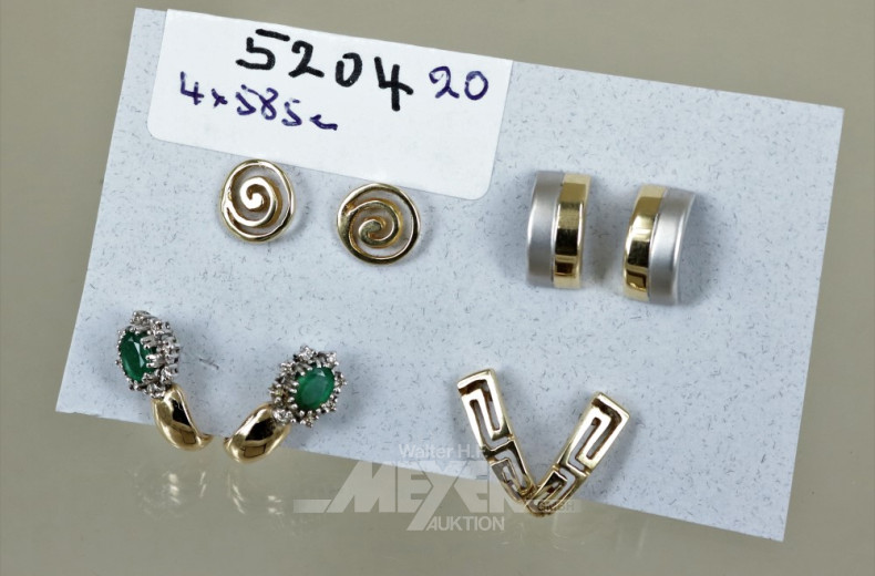 4 Paar Ohrstecker, 585er GG
