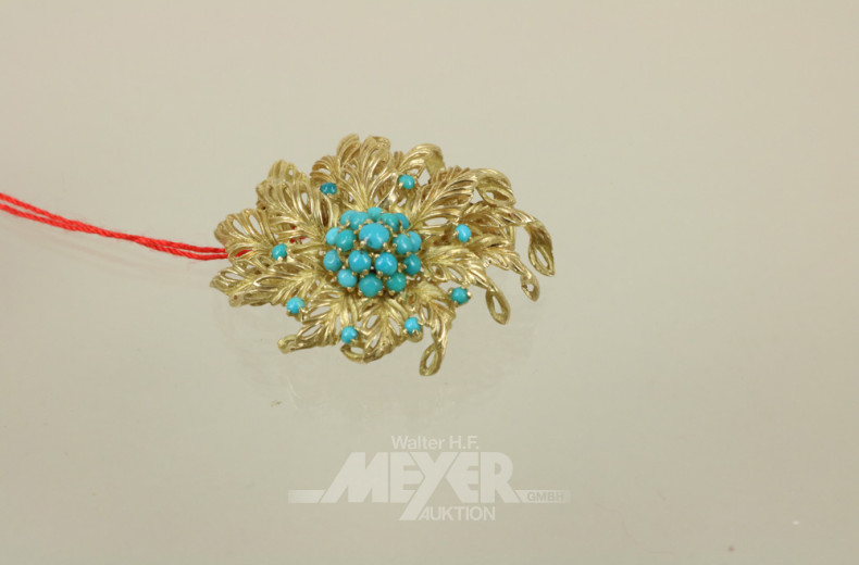Brosche, 750er GG, mit Türkisen besetzt