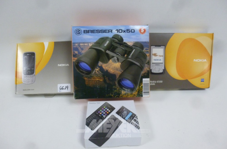 3 Handy ''NOKIA'', 1 Fernglas ''BRESSER''