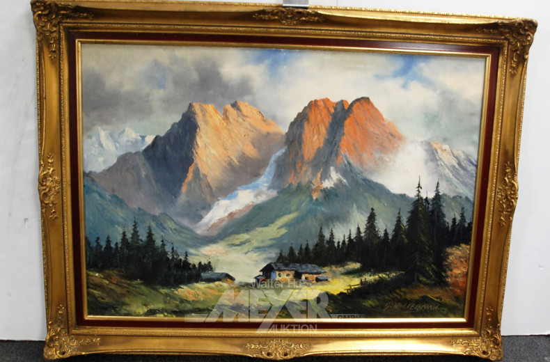 Gemälde ''Gebirgsmassiv m. Hütte''