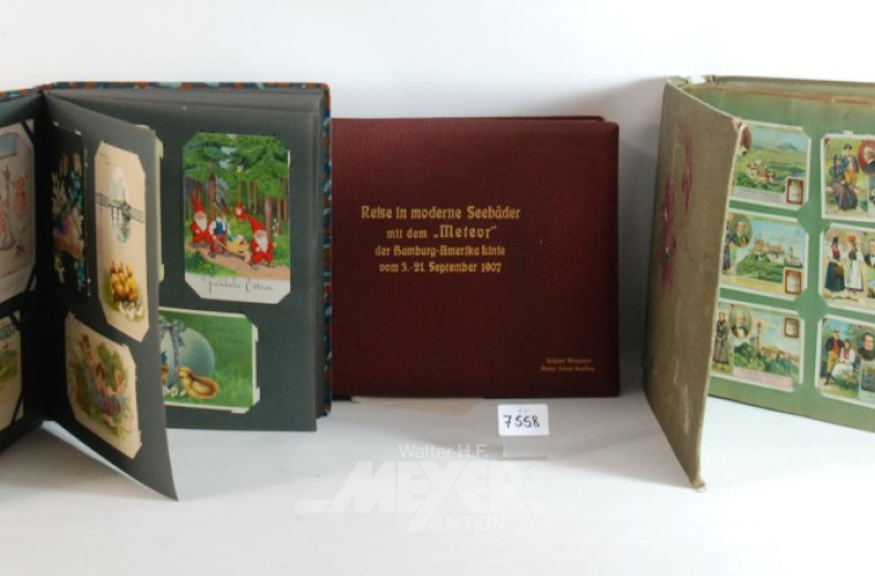 7 div. Alben, mit alten Fotos, Postkarten