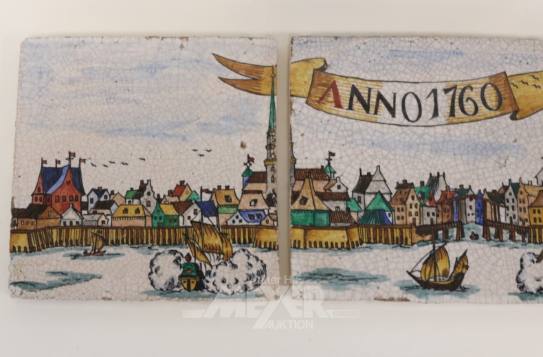 3 Fliesen/Kacheln und 2 Teller, Steingut,