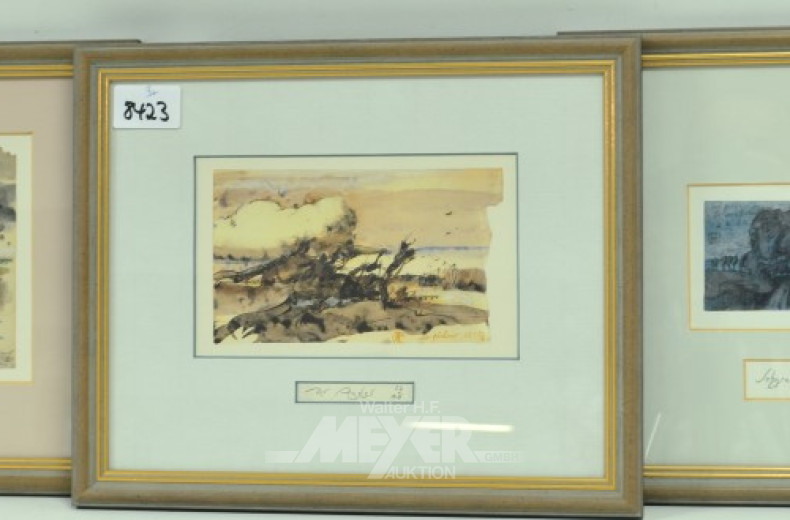 3 kl. Aquarelle ''Der Angler, Seehnsucht