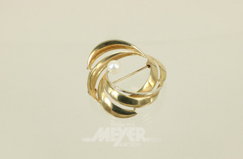 Brosche, 585er Gelbgold, mit 1 Perle