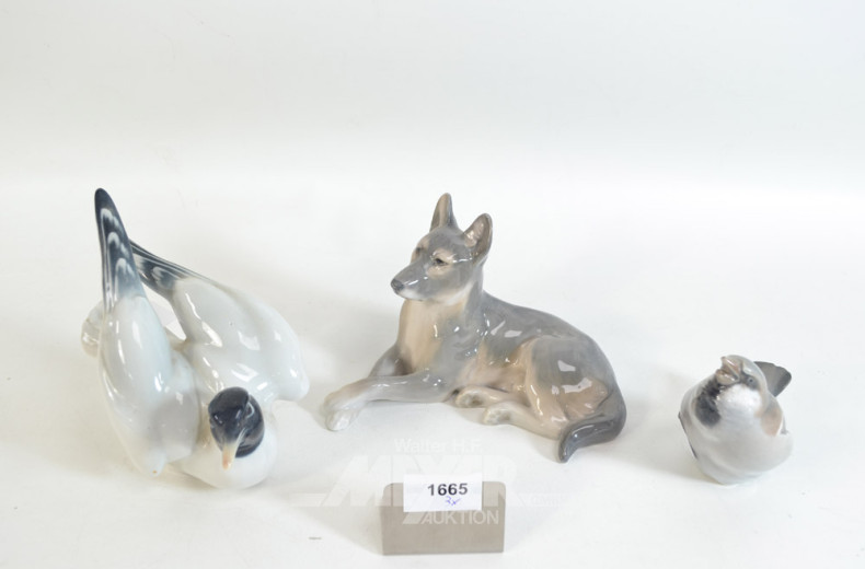 3 Porz.-Figuren ENS ''Vögel und Hund''