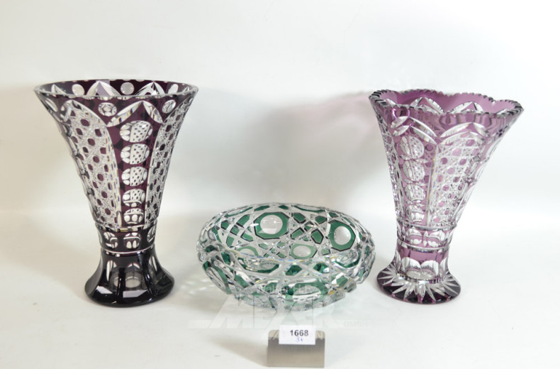 3 Teile Kristall: 2 Vasen, 1 Schale