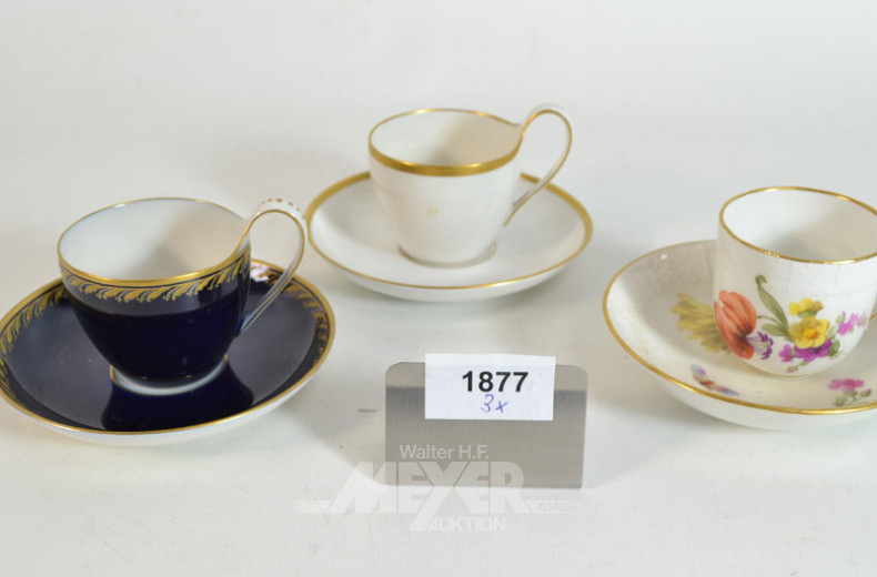 3 versch. Porz.- Moccatassen KPM