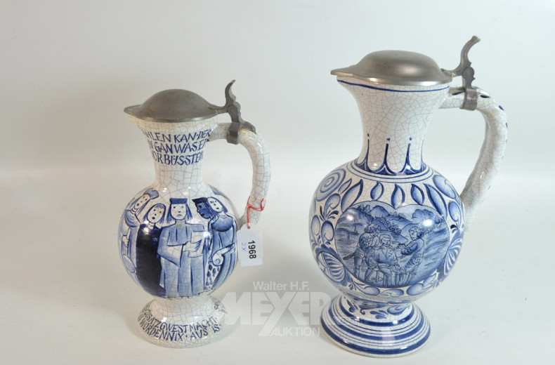 2 Porz.- Schank-Krüge mit Zinndeckel