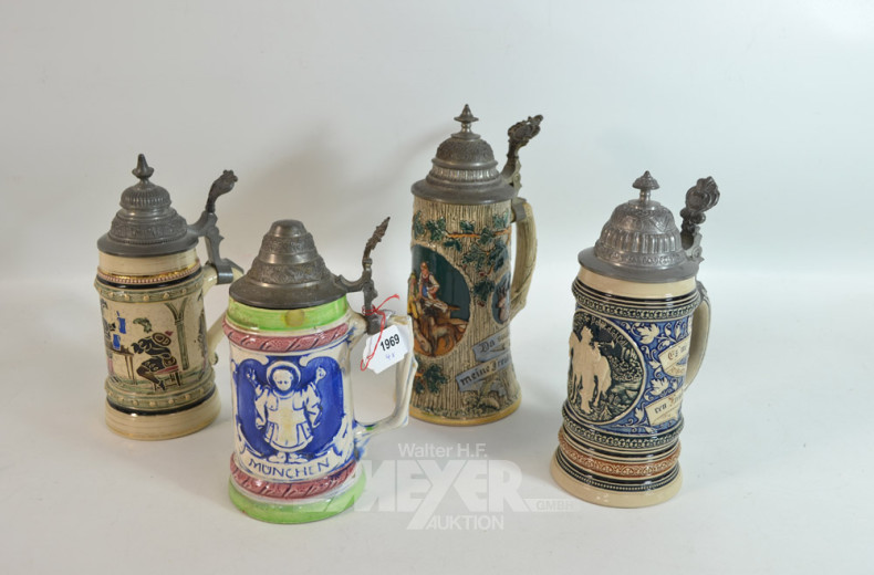 4 Keramik Bier-Krüge mit Zinndeckel