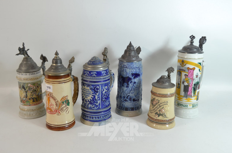 6 Keramik Bier-Krüge mit Zinndeckel