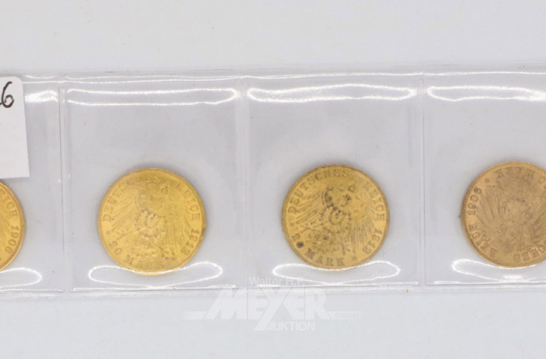 4 Goldmünzen ''20 Mark Deutsches Reich''