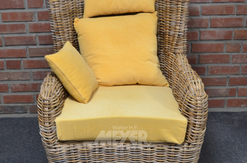 Sessel, Rohrgeflecht, 1 Kissen gelb