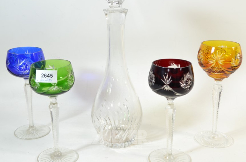 4 farbige Römergläser und 1 Karaffe