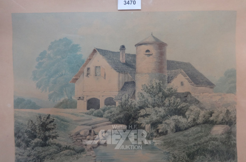 Aquarell ''Hofansicht am Weiher''