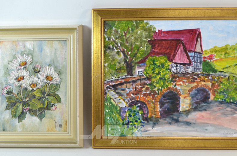 2 Gemälde '' Blumen / Dorfansicht ''