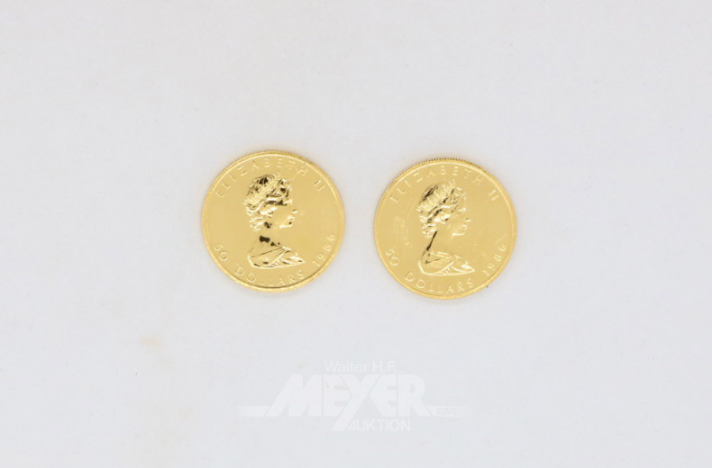 2 Goldmünzen MAPLE LEAF, 999er Feingold,
