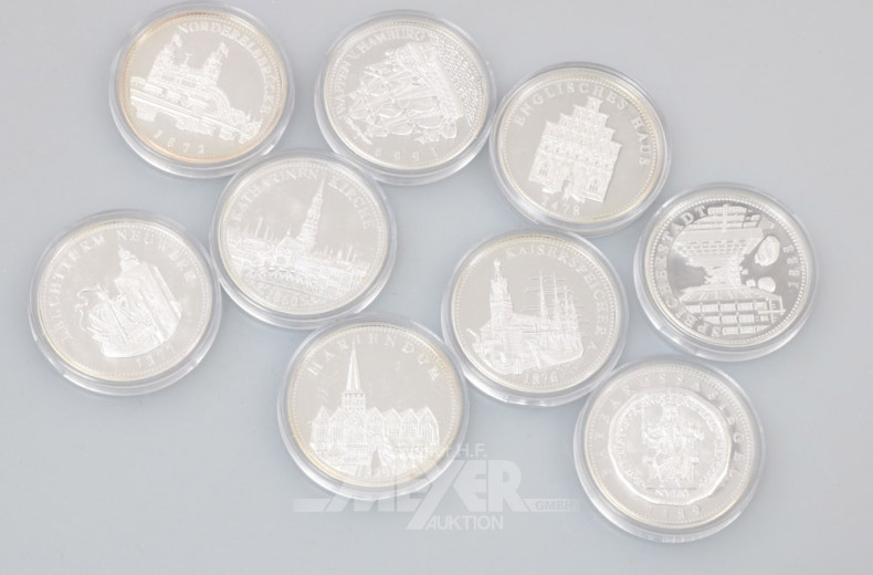 19 Silbermünzen, Hamburg Motive und