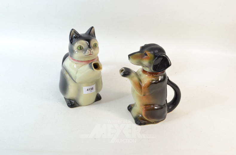 2 Porz.-Kaffeekannen, Hund und Katze
