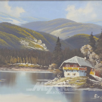 Gemälde ''Gebirgshütte am See''