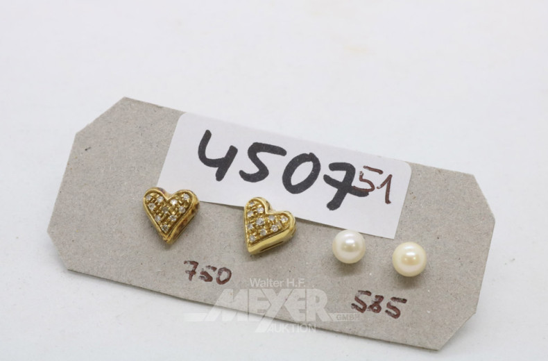 2 Paar Ohrstecker, 750er/585er GG