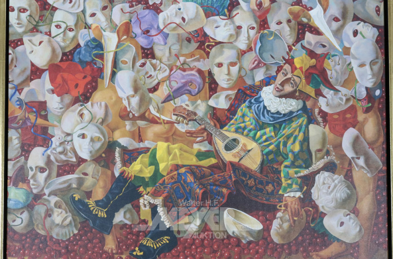 Druck ''Pirrot mit Theatermasken''