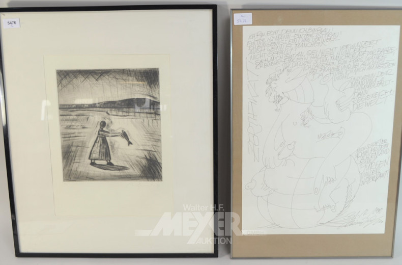 3 Grafiken ''Frau mit Fisch, Genießer,