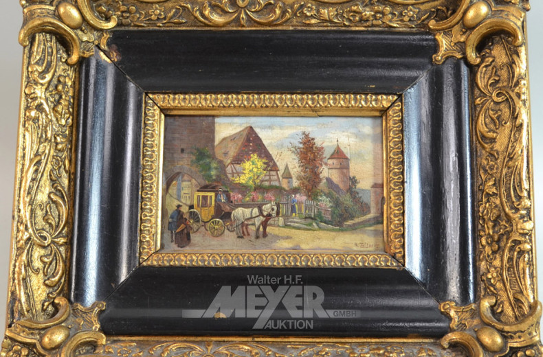 kl. Gemälde ''Pferdekutsche vor Stadttor''