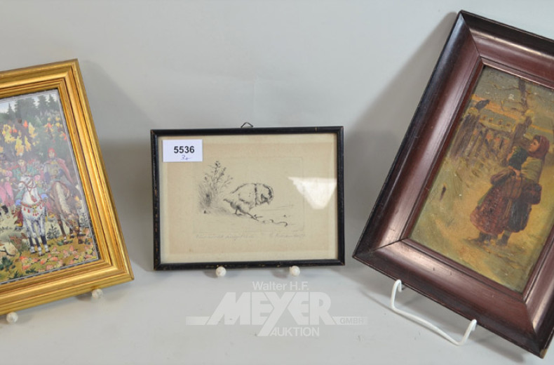 3 kl. Bilder ''Kriegsszene, Kücken