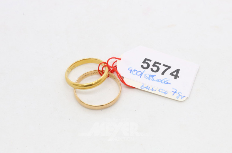 2 versch. Trauringe, 900er/585er GG