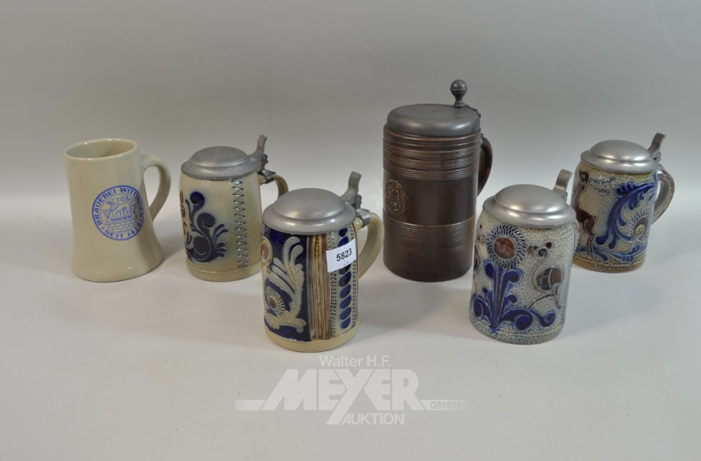6 Keramik-Bierkrüge, tlw. mit Zinndeckeln
