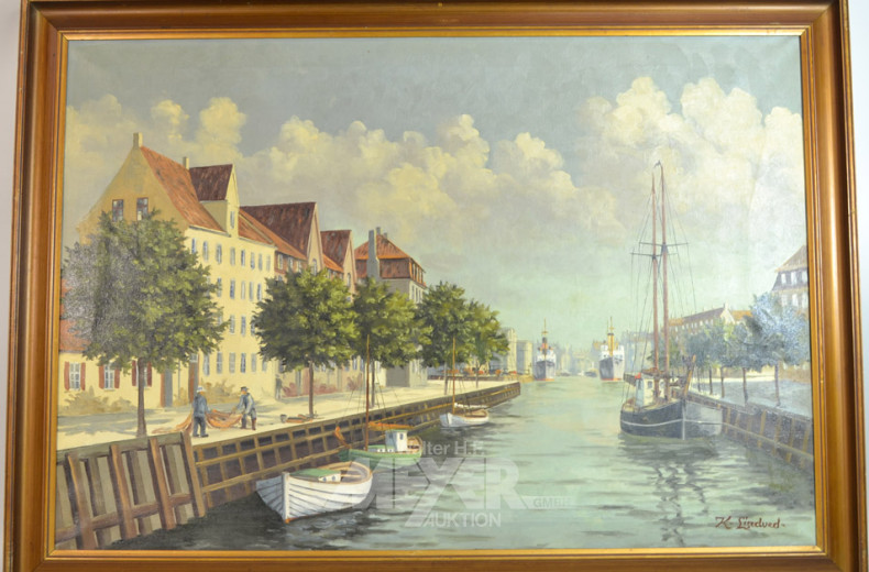 Gemälde, ''Hafenansicht mit Stadt''