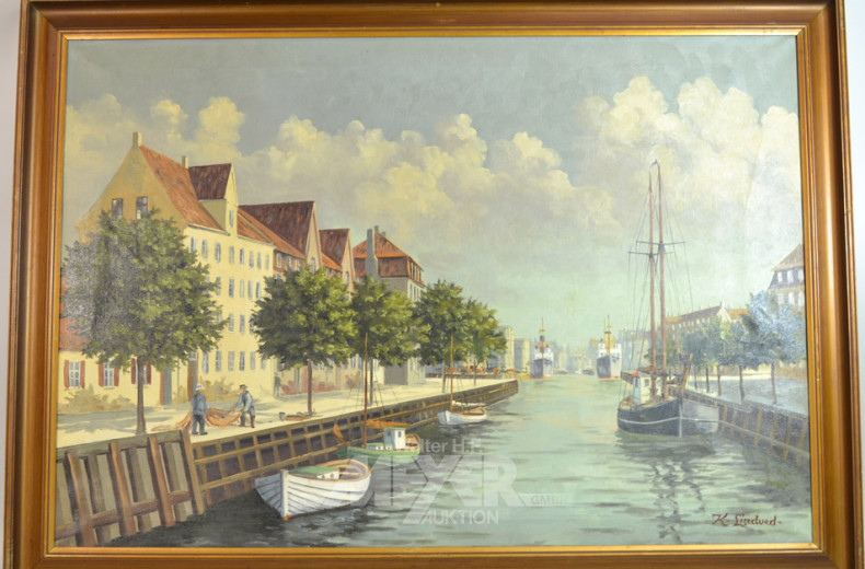 Gemälde, ''Hafenansicht mit Stadt''