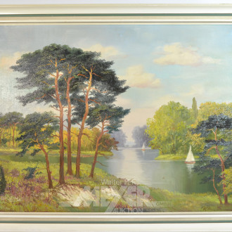 Gemälde, ''Flußlauf mit Segebooten''